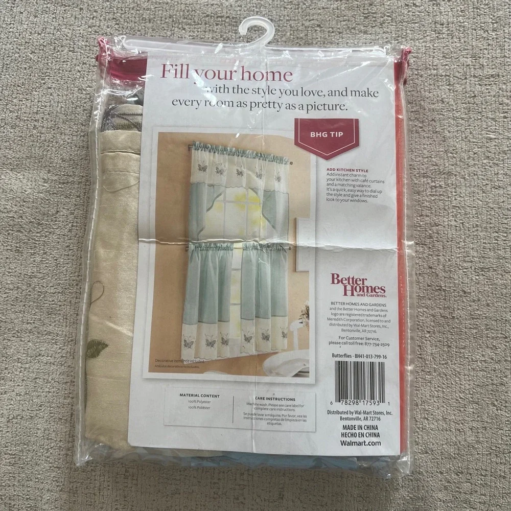 Better Homes and Gardens Butterfly 3 Piece Small Window Set Blue Cream Faux Silk